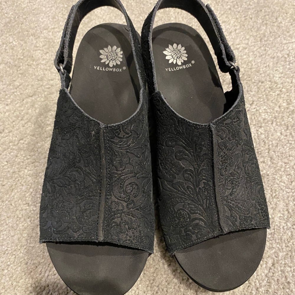 Yellow Box black wedge sandals 8, like new